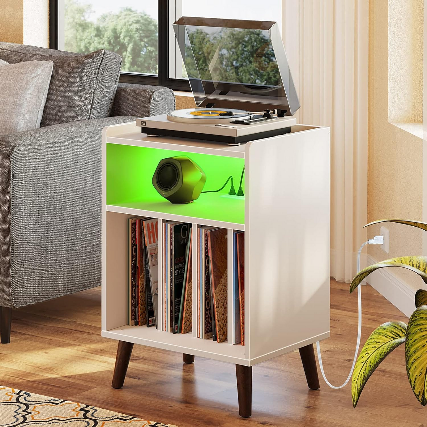 BNIB-End Table/Nightstand w/Charging Station & LED Lights,F/Living Room,Bedroom,Kitchen, White