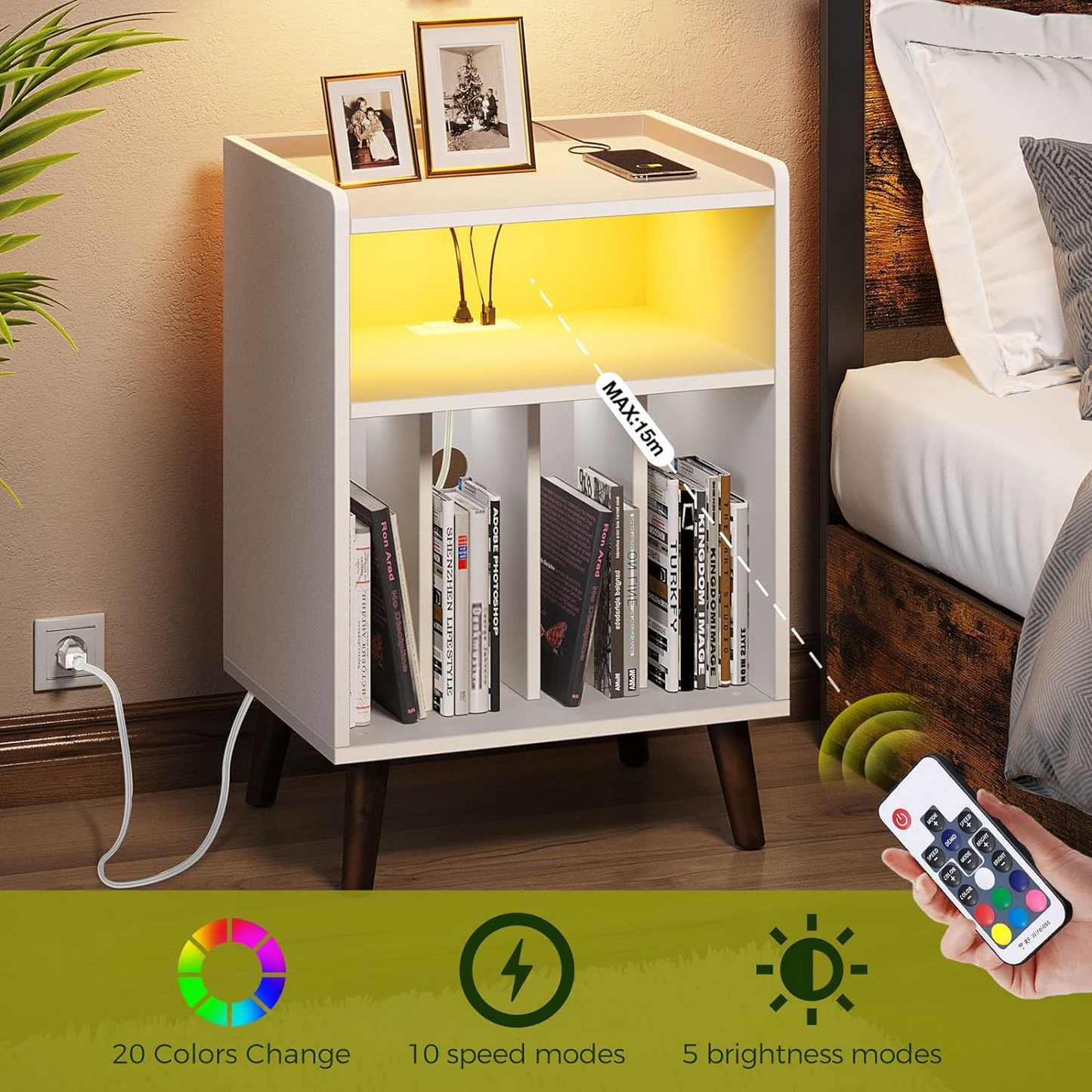 BNIB-End Table/Nightstand w/Charging Station & LED Lights,F/Living Room,Bedroom,Kitchen, White