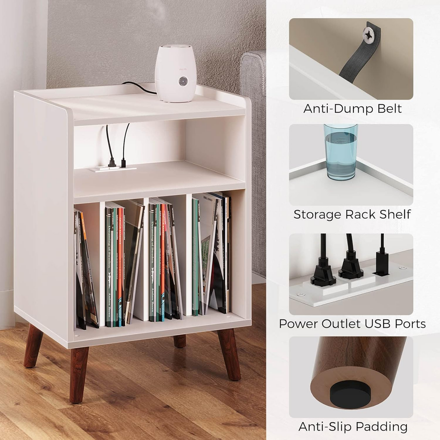 BNIB-End Table/Nightstand w/Charging Station & LED Lights,F/Living Room,Bedroom,Kitchen, White