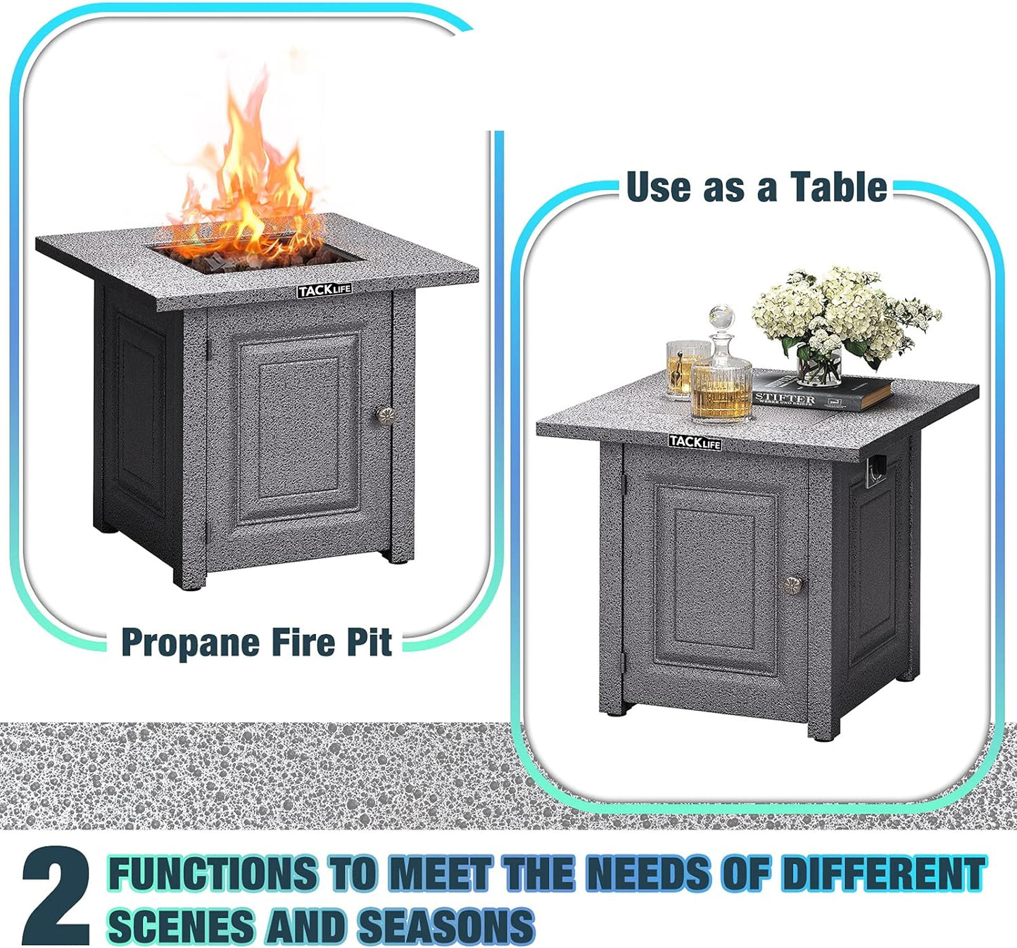 BNIB-TACKLIFEE Gas Propane Fire Pit Table,28" Outdoor Companion, Auto-Ignition, Adjustable Flame