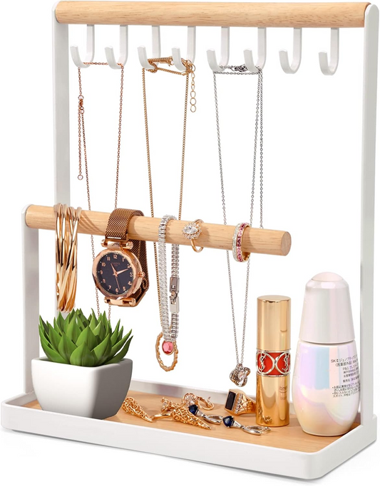 Brand New-Jewelry Organizer Display Stand w/Wooden Ring Tray & Hook Storage Rack,-S10