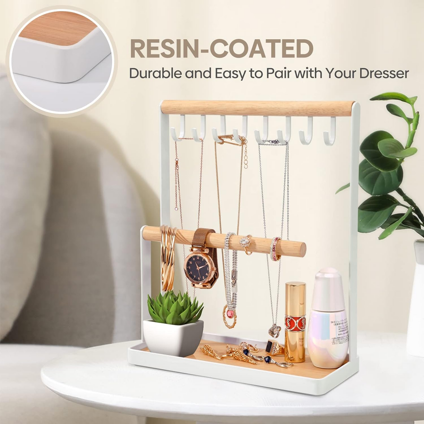Brand New-Jewelry Organizer Display Stand w/Wooden Ring Tray & Hook Storage Rack,-S10