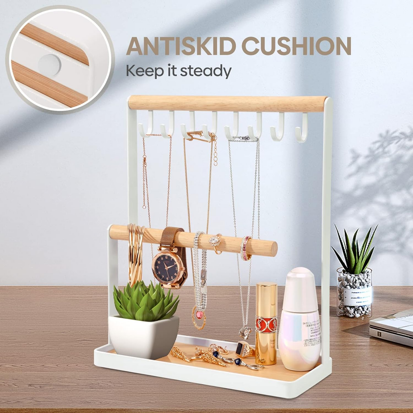 Brand New-Jewelry Organizer Display Stand w/Wooden Ring Tray & Hook Storage Rack,-S10