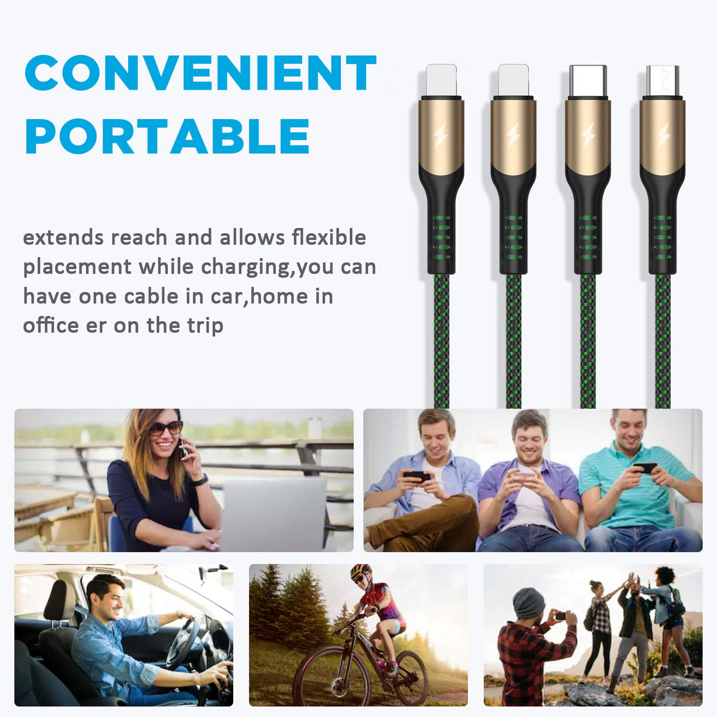 BNIB-Multi Charging Cable,4FT Nylon Braided Universal 4 in 1 Multiple USB Cable 3A Charging,-$10,(2 pack)