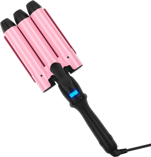 BNIB - 32mm (1.25") Triple Ceramic Curling Iron, 3 Barrel Wand with Adjustable Temperature, (Pink