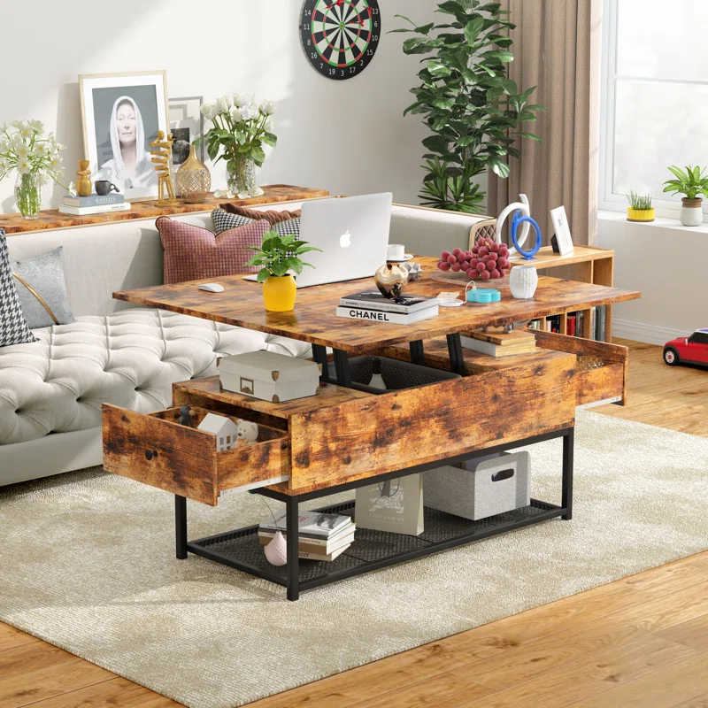 BNIB-3 in 1 Lift Top Coffee Table w/2 Drawers,Easy to Convert to Computer Desk & Dining Table-Brown
