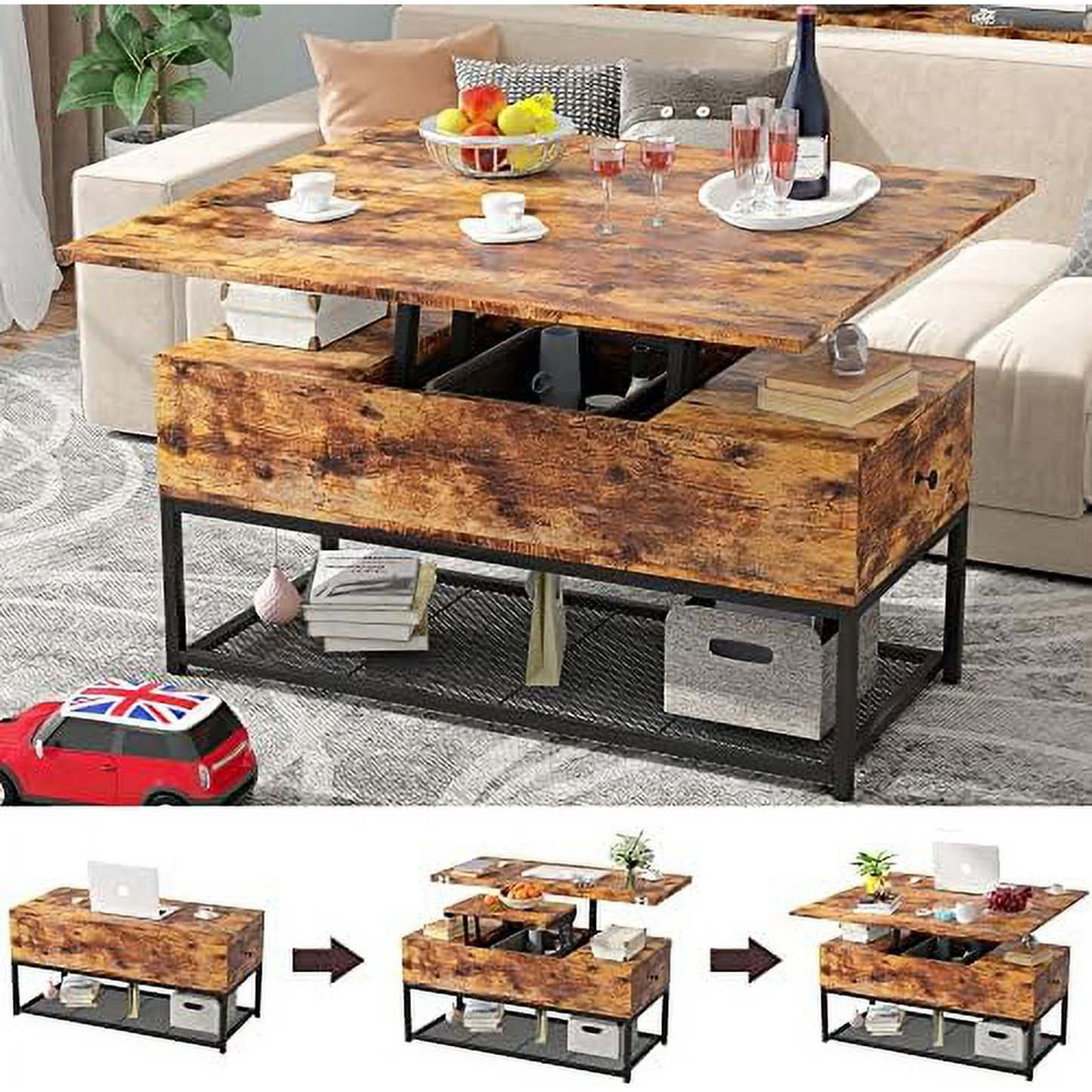 BNIB-3 in 1 Lift Top Coffee Table w/2 Drawers,Easy to Convert to Computer Desk & Dining Table-Brown