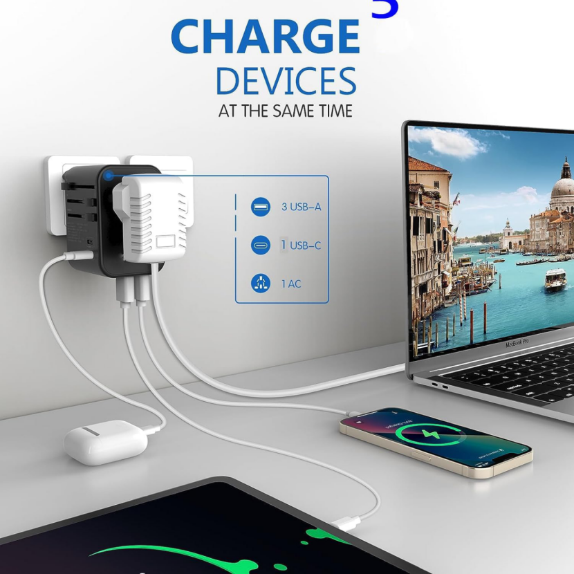BNIB-1380W Universal Plug Adapter Wall Charger with 3USB-A & 1USB-C European Power Outlet