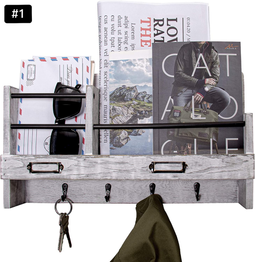 Wall Mounted Mail Holder with 4 Key Hooks for Coat, (Gray &Brown)-$15