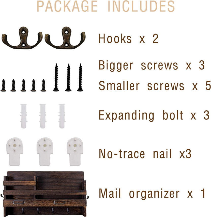 Wall Mounted Mail Holder with 4 Key Hooks for Coat, (Gray &Brown)-$15