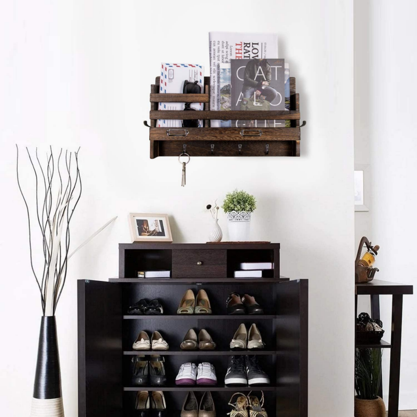 Wall Mounted Mail Holder with 4 Key Hooks for Coat, (Gray &Brown)-$15