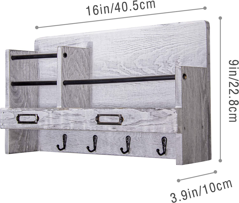 Wall Mounted Mail Holder with 4 Key Hooks for Coat, (Gray &Brown)-$15