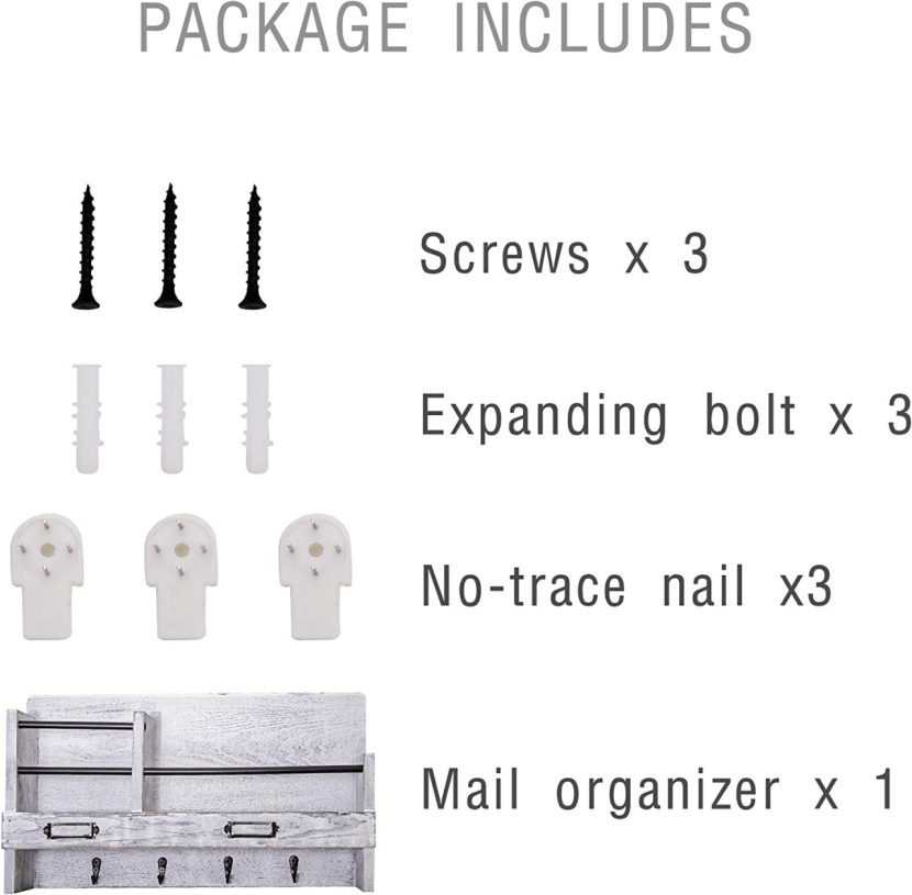 Wall Mounted Mail Holder with 4 Key Hooks for Coat, (Gray &Brown)-$15