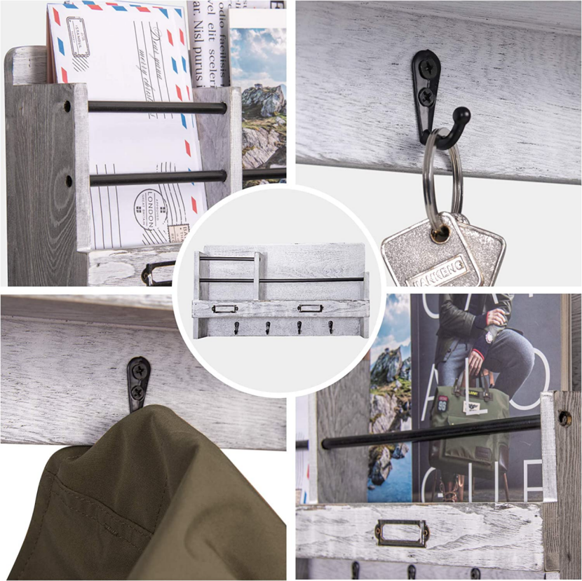 Wall Mounted Mail Holder with 4 Key Hooks for Coat, (Gray &Brown)-$15