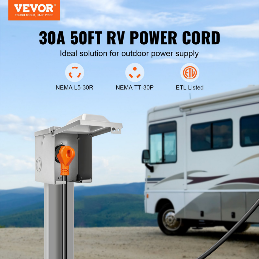 BNIB-VEVOR 50 Feet RV Power Cord, 30 Amp, Heavy Duty STW 3*10AWG Generator Cord,-$90