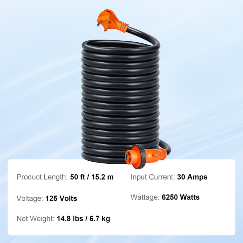 BNIB-VEVOR 50 Feet RV Power Cord, 30 Amp, Heavy Duty STW 3*10AWG Generator Cord,-$90