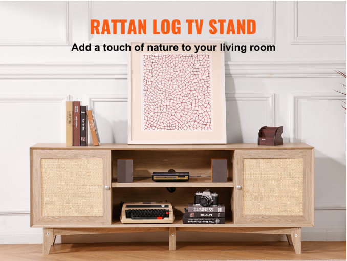 BNIB-VEVOR Rattan TV Stand for 75" TV Boho TV Stand with Build-in Socket Oak,-$220