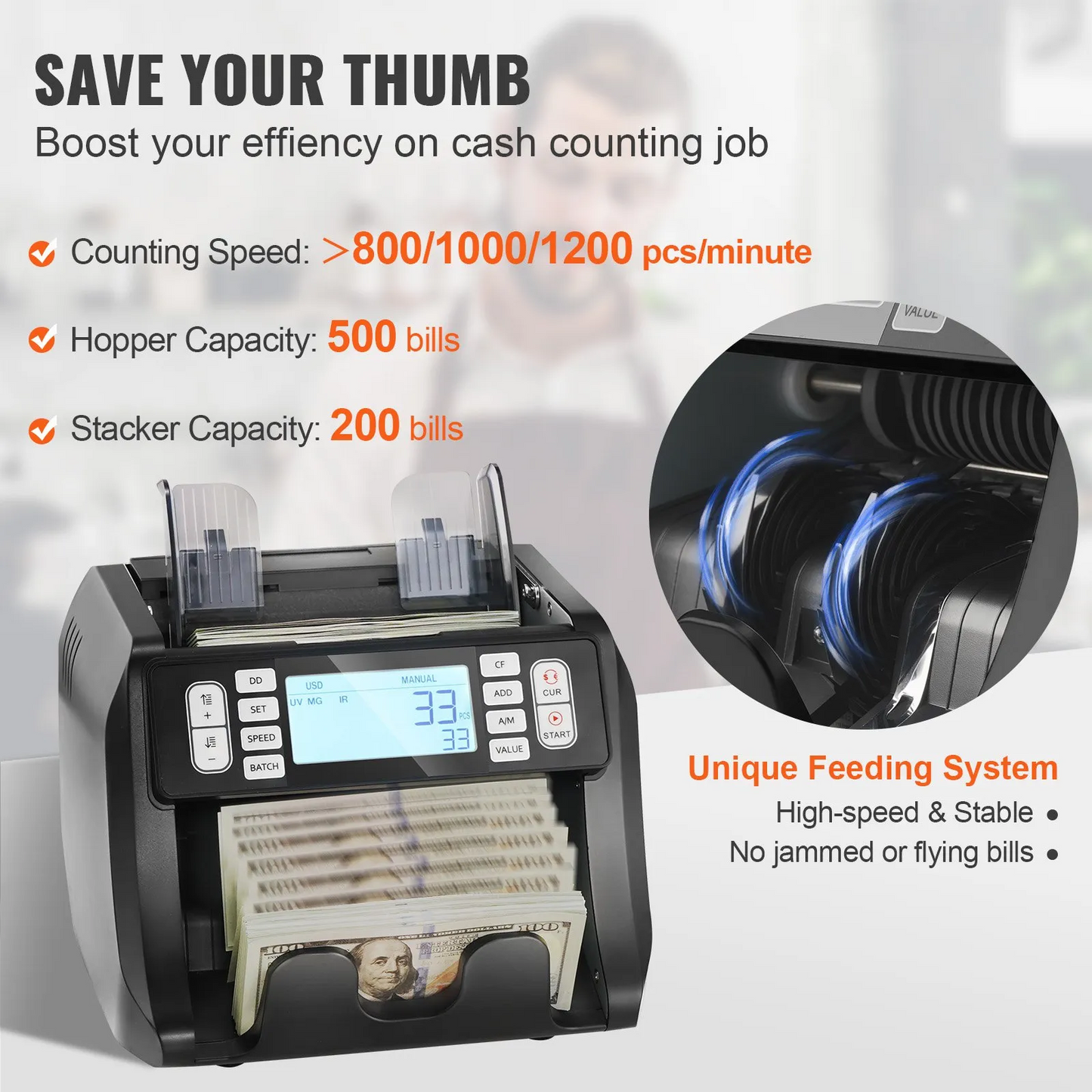 VEVOR Money Counter Machine, Bill Counter with UV, MG, IR and DD Counterfeit Detection, USD & EUR -$110