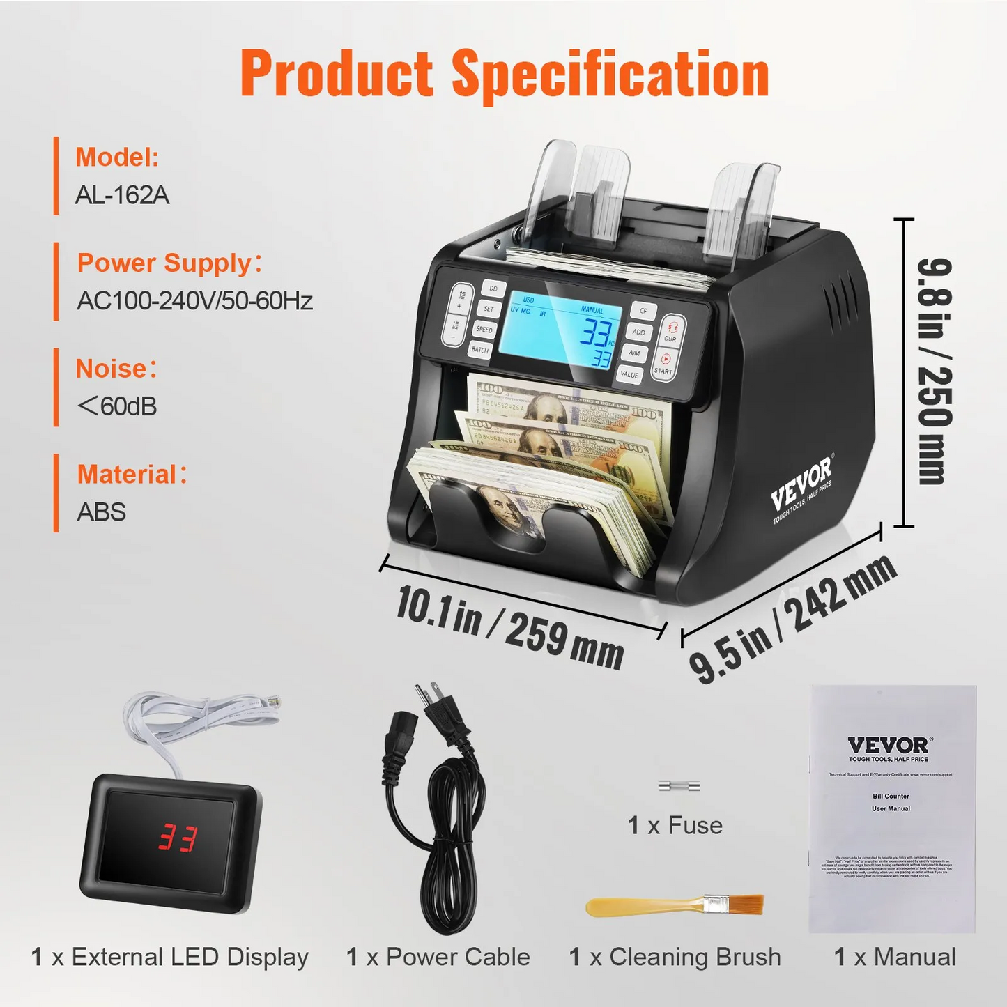 VEVOR Money Counter Machine, Bill Counter with UV, MG, IR and DD Counterfeit Detection, USD & EUR -$110