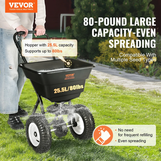 VEVOR Broadcast Spreader, 80 LB Walk-Behind Turf Spreader with 12" Wheels, Steel Push Fertilizer Spreader