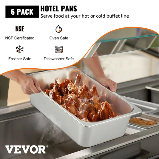 VEVOR 6 Pack Steam Table Pans 20.9 x 12.8 x 5.9 Inch Deep Steam Table Pan Full Size 20.5L Deep-$60