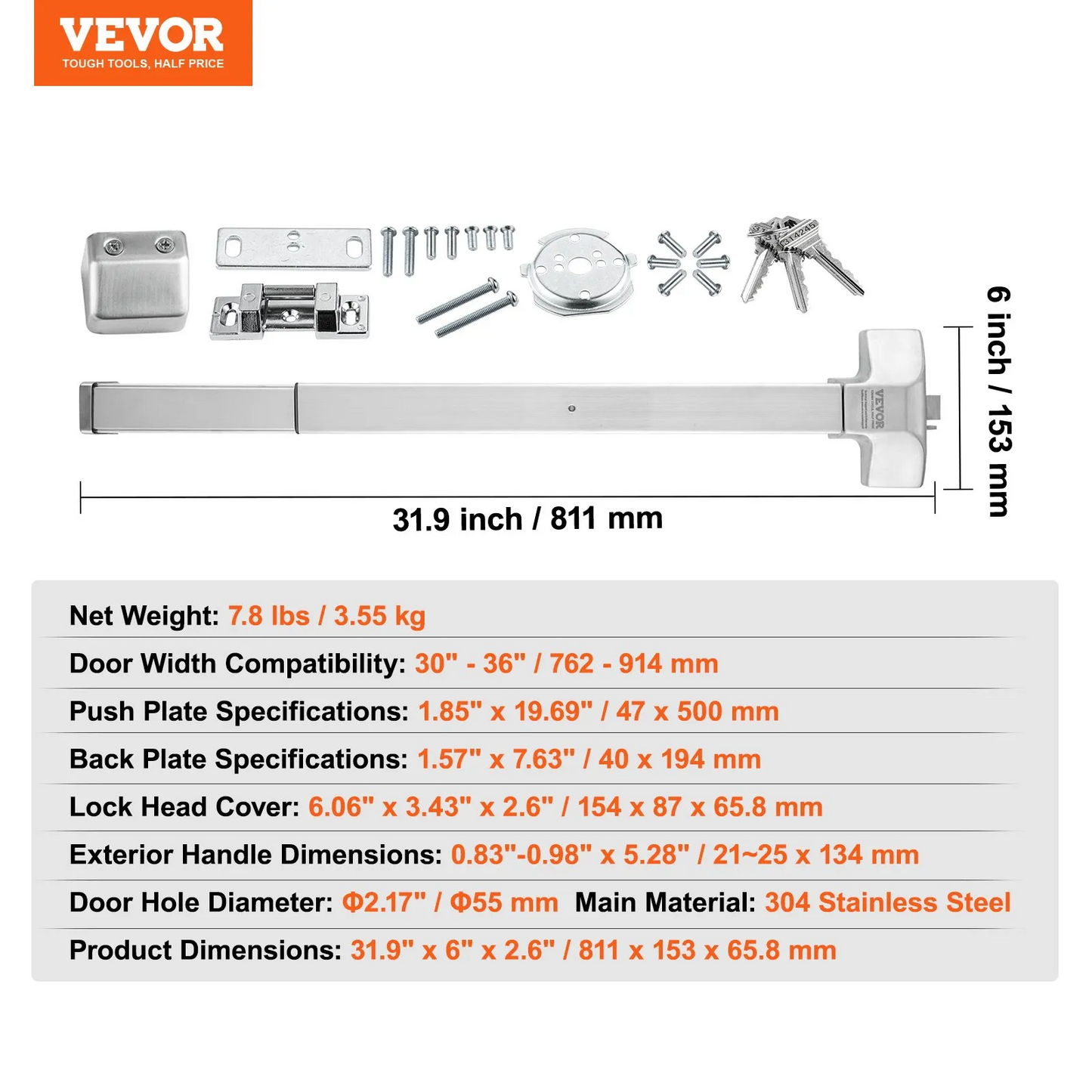 VEVOR Push Bar Door Locks, Stainless Steel Panic Bars for Exit Doors, with Exterior Lever and 3 Keys,-$75