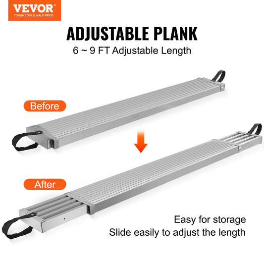 VEVOR Telescoping Aluminum Work Plank, 6-9 Feet 500lbs Capacity, 12.5 inch Width Aluminum Scaffold Plank,-$145