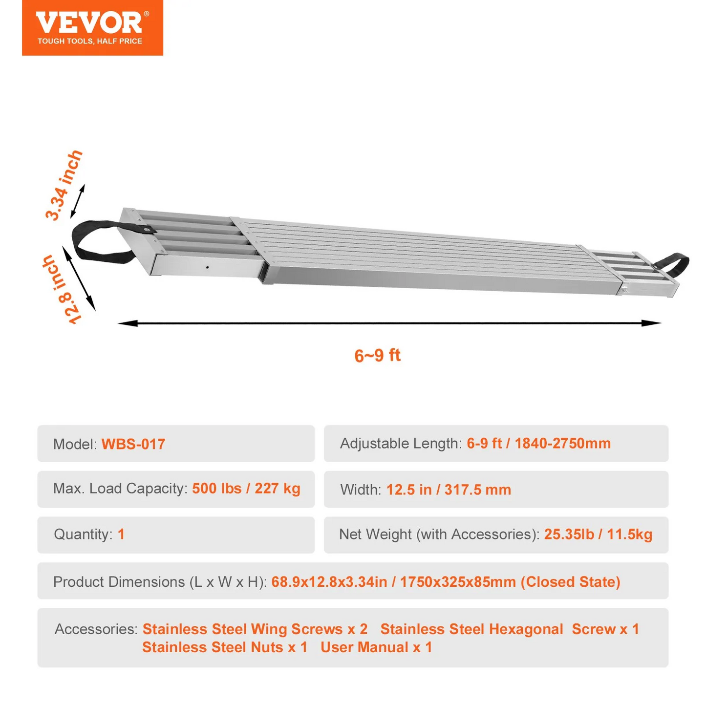 VEVOR Telescoping Aluminum Work Plank, 6-9 Feet 500lbs Capacity, 12.5 inch Width Aluminum Scaffold Plank,-$145