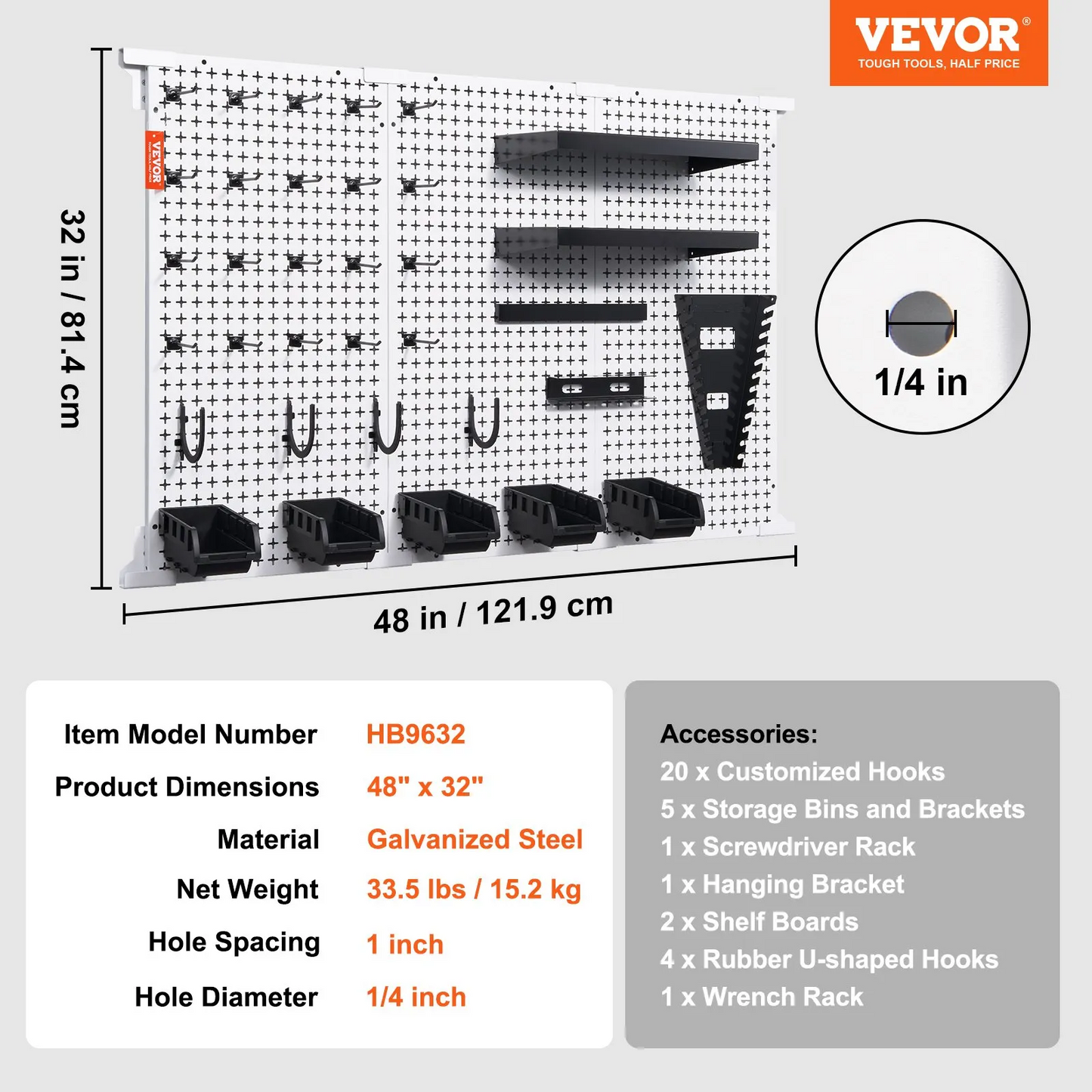 VEVOR Pegboard Wall Organizer 48" x 32", 495LBS Loading Garage Metal Pegboard Organizer Wall Mount,-$85