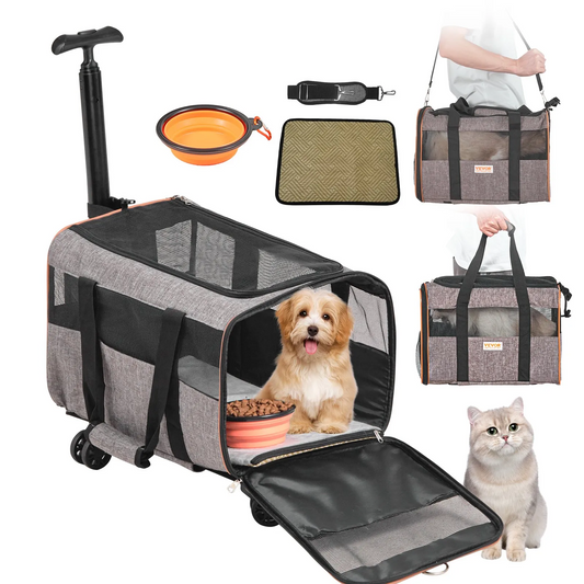 VEVOR Cat Carrier with Wheels, Airline Approved Rolling Pet Carrier with Telescopic Handle and Shoulder Strap