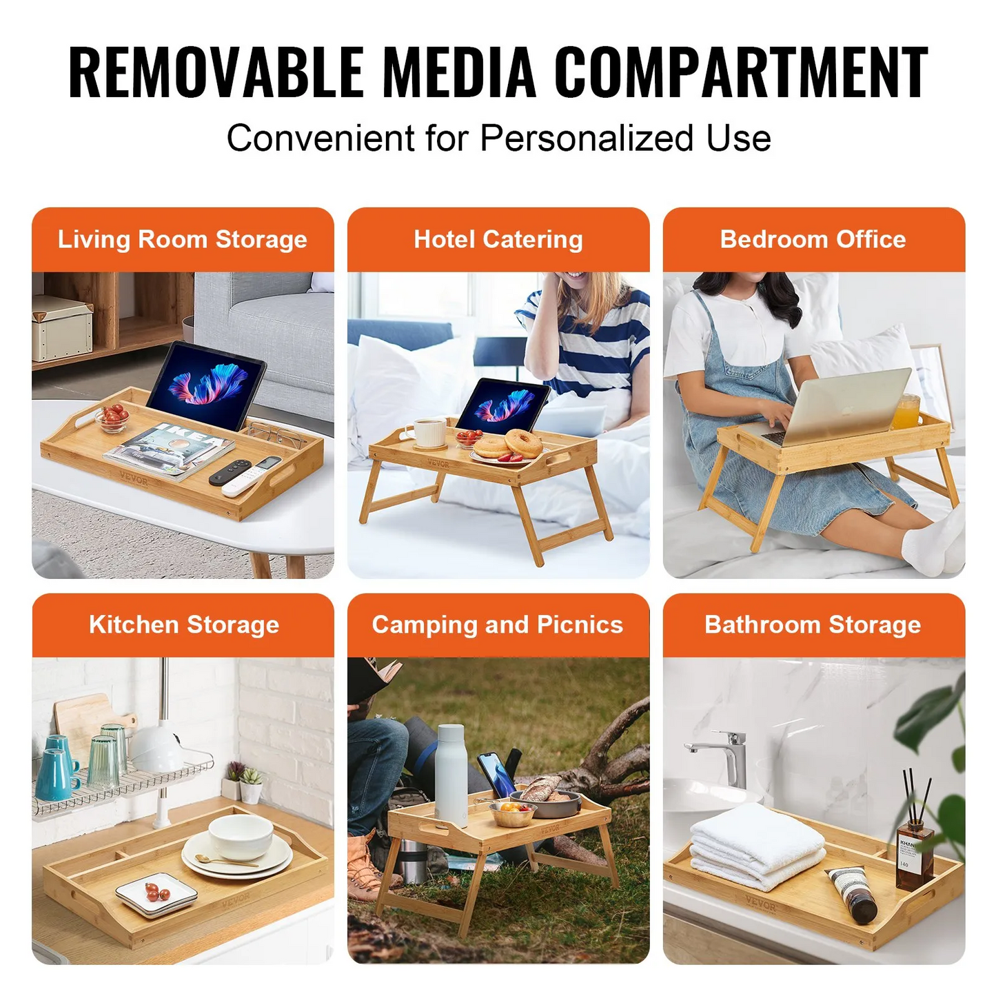 VEVOR Bed Tray Table with Foldable Legs & Media Slot, Bamboo Breakfast Tray for Sofa, Platter, 19.7" x 11.8"-$20