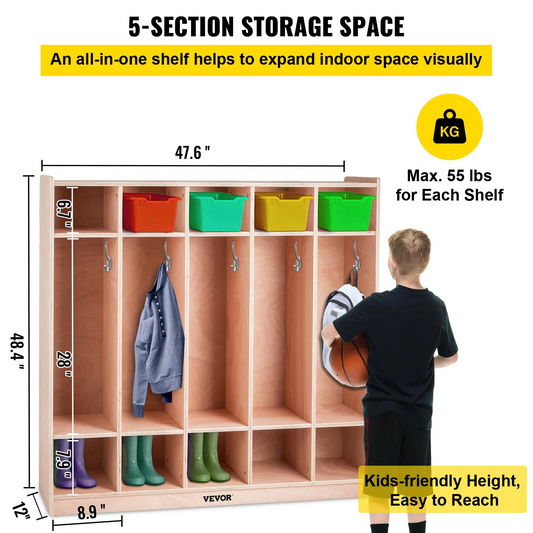 VEVOR Preschool Cubby Lockers 5-Section Plywood Birch Coat Locker 15MM Thickness Kids Locker for Home 48.4 In