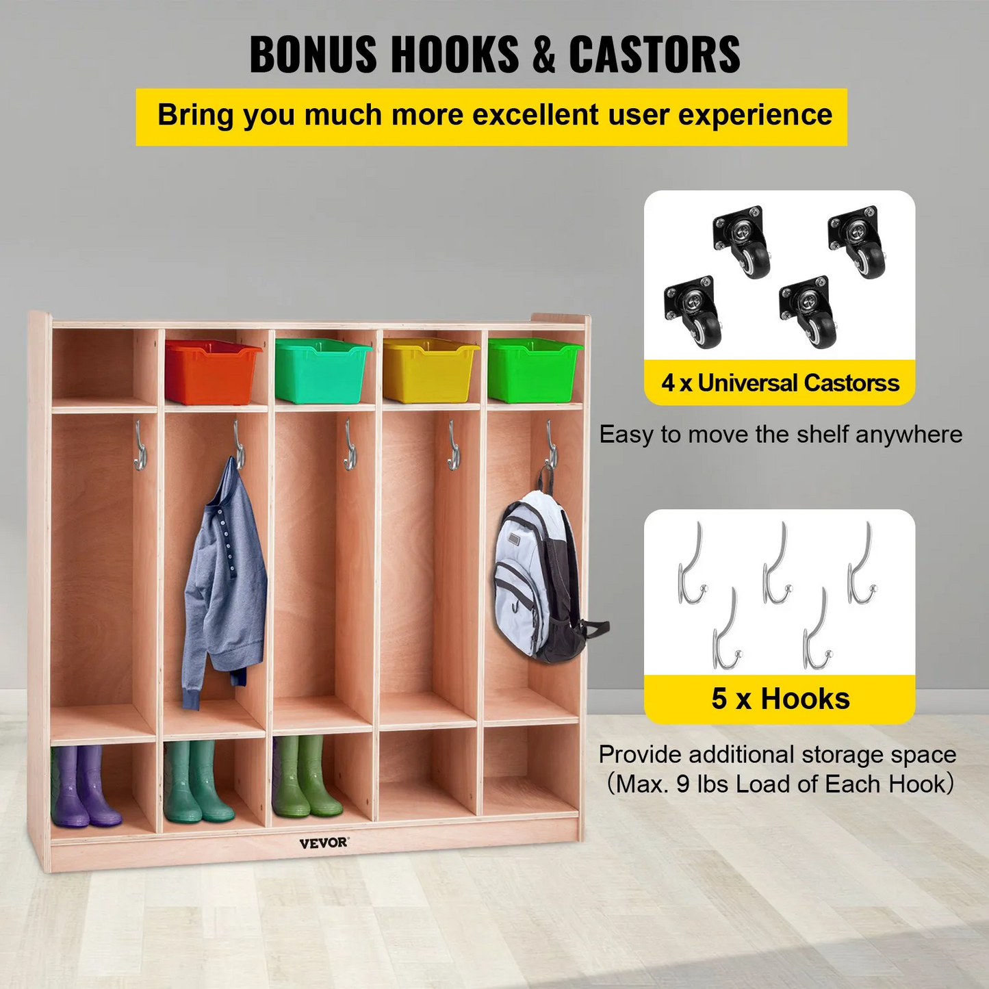 VEVOR Preschool Cubby Lockers 5-Section Plywood Birch Coat Locker 15MM Thickness Kids Locker for Home 48.4 In