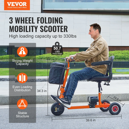 VEVOR Foldable 3 Wheel Mobility Scooter for Seniors, Portable Electric Powered with 12 Mile Long Range,-$450