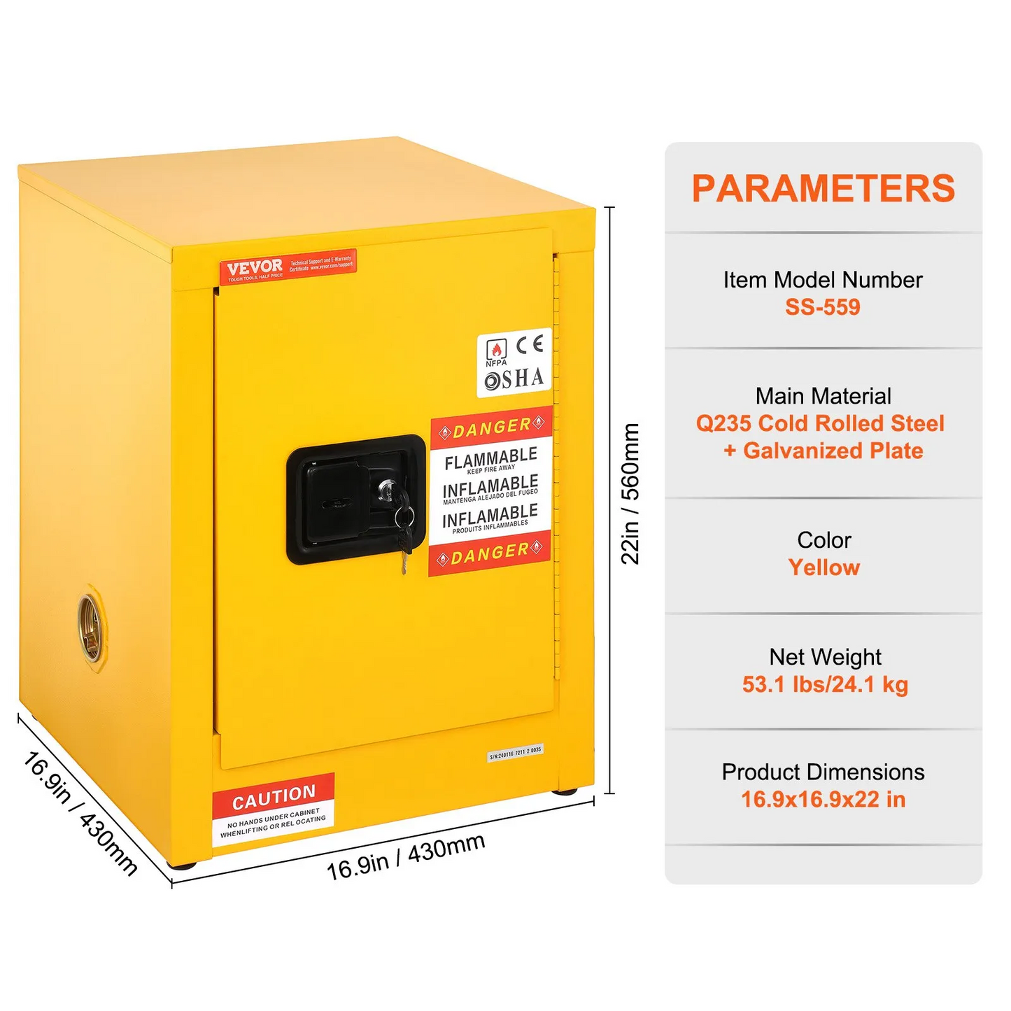 VEVOR 16.9" x 16.9" x 22" Flammable Cabinet Galvanized Steel, Safety Cabinet, Adjustable Flammable Storage cabinet,