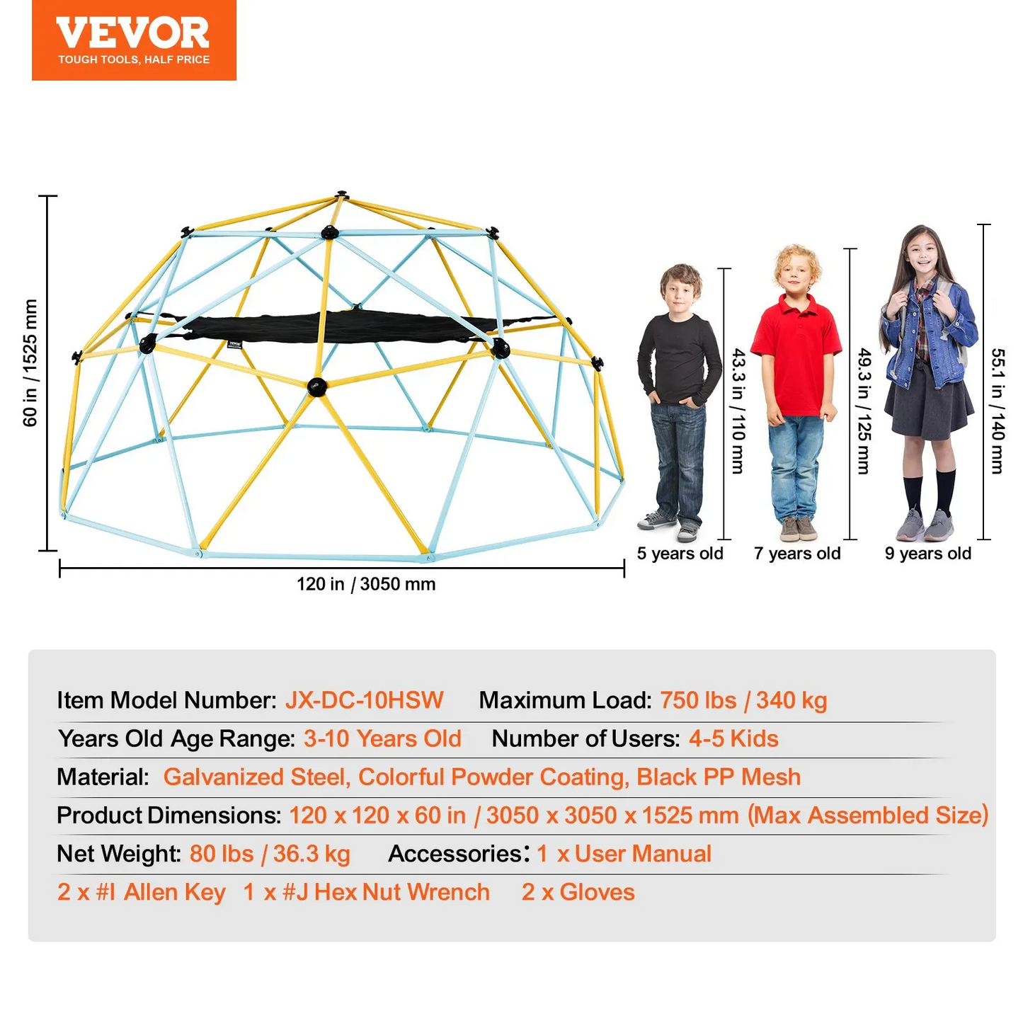 VEVOR Climbing Dome, 10FT Geometric Dome Climber with Hammock and Swing, for Kids 3-10 Years Old,-$180