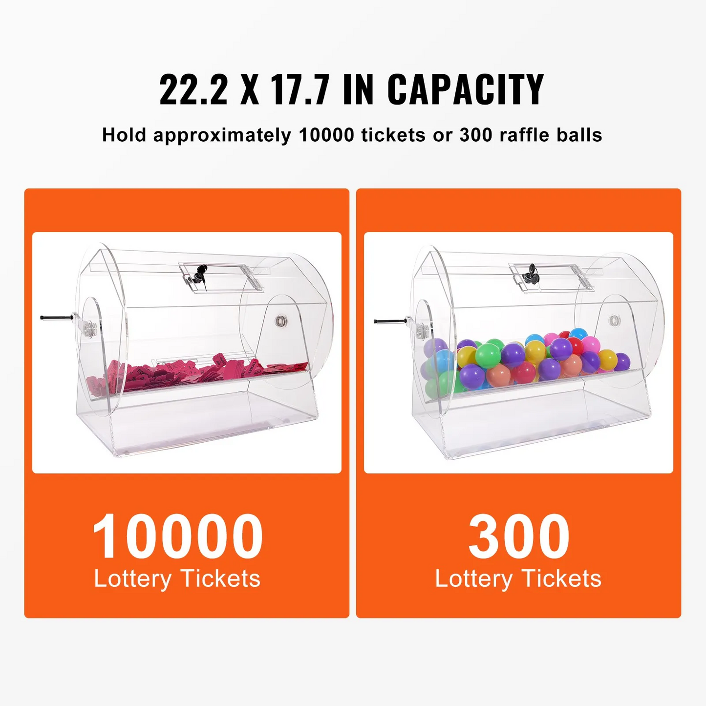 VEVOR Acrylic Raffle Drum, Holds 10000 Tickets or 300 Raffle Balls, Raffle Ticket Spinning Cage with 2 Keys,-$180