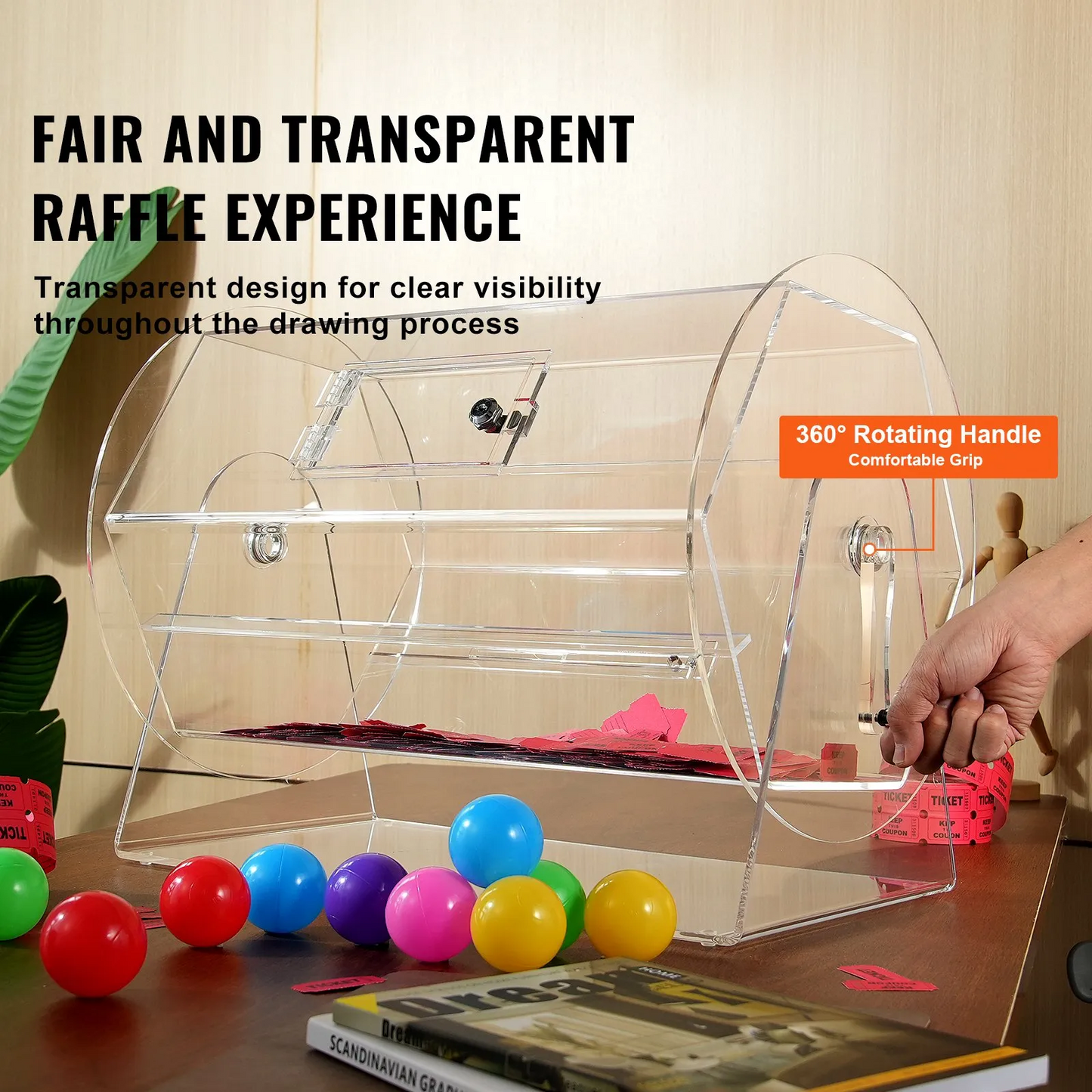 VEVOR Acrylic Raffle Drum, Holds 10000 Tickets or 300 Raffle Balls, Raffle Ticket Spinning Cage with 2 Keys,-$180