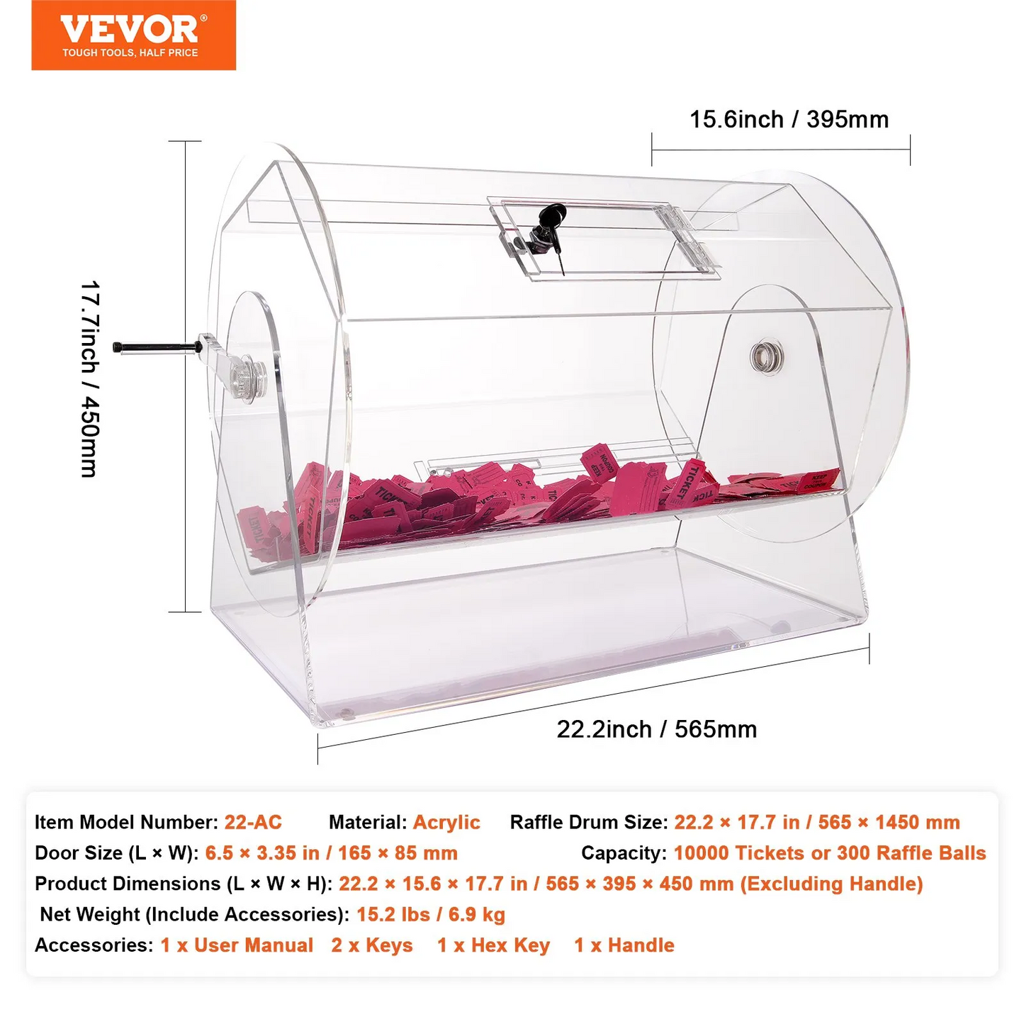 VEVOR Acrylic Raffle Drum, Holds 10000 Tickets or 300 Raffle Balls, Raffle Ticket Spinning Cage with 2 Keys,-$180