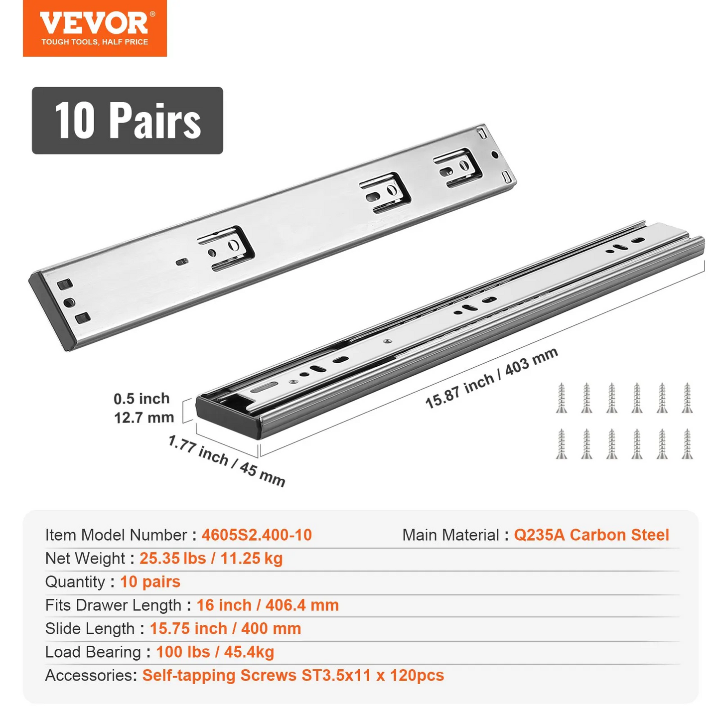 VEVOR 10 Pairs of 16 Inch Drawer Slides Side Mount Rails, Heavy Duty Full Extension Steel Track,-$50