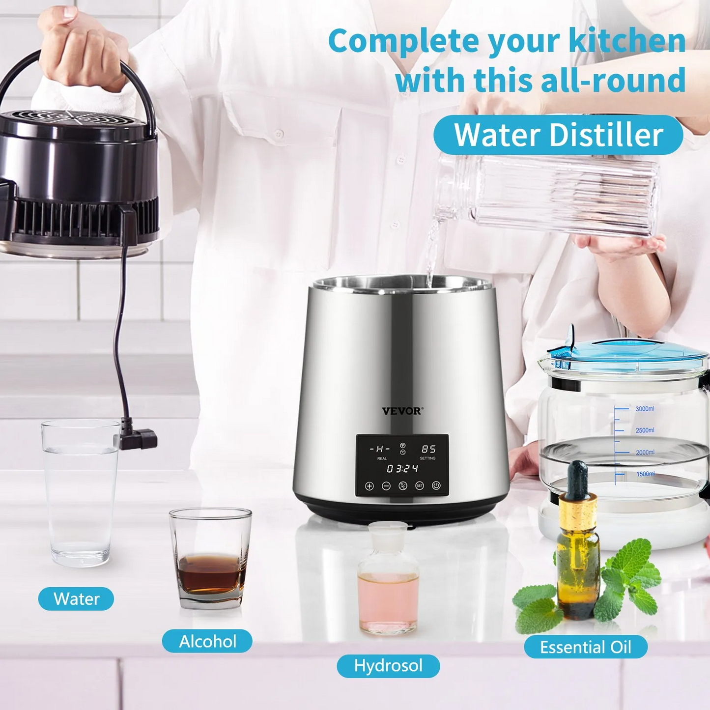 VEVOR Water Distiller, 1 L/H, 4L Distilled Water Maker w/ 0-99 H Timing, 750W Countertop Water Purifier,-$95