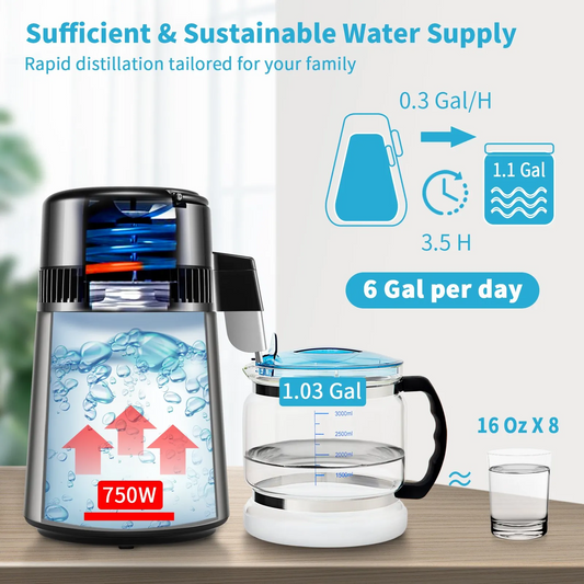 VEVOR Water Distiller, 1 L/H, 4L Distilled Water Maker w/ 0-99 H Timing, 750W Countertop Water Purifier,-$95