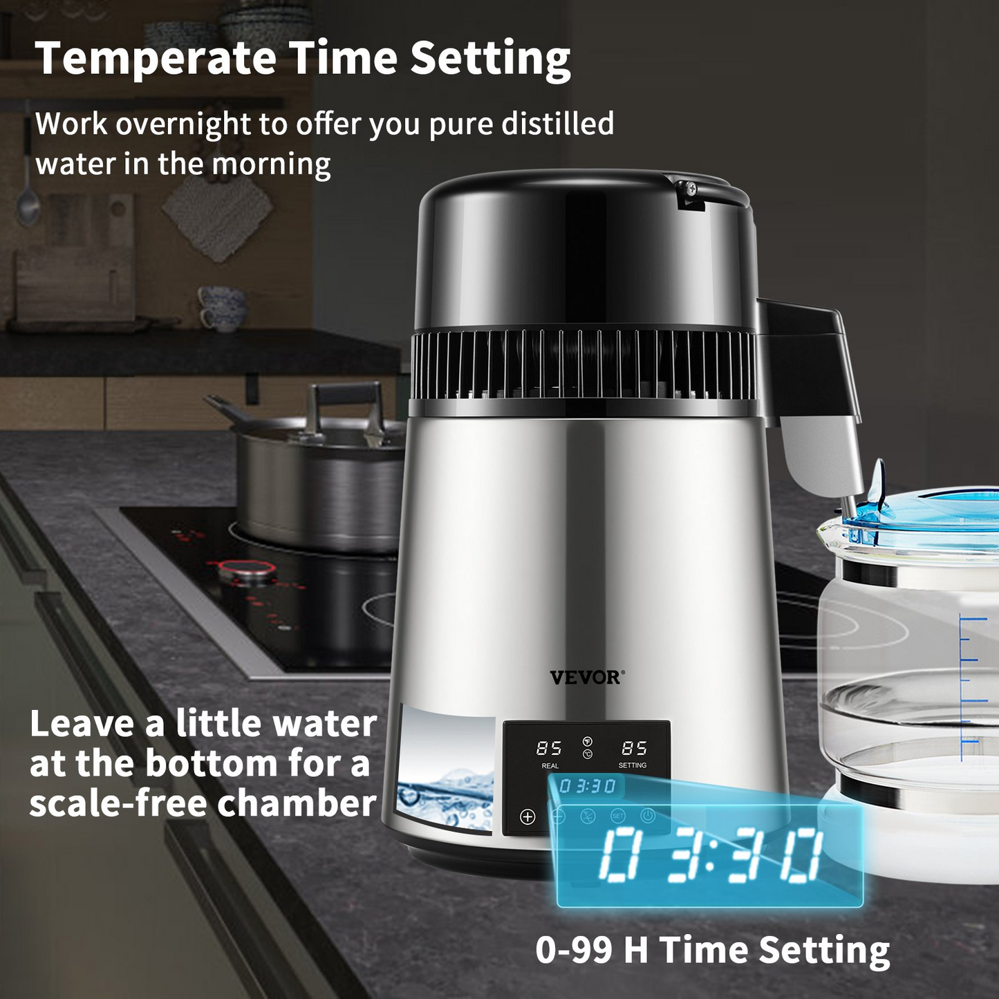 VEVOR Water Distiller, 1 L/H, 4L Distilled Water Maker w/ 0-99 H Timing, 750W Countertop Water Purifier,-$95
