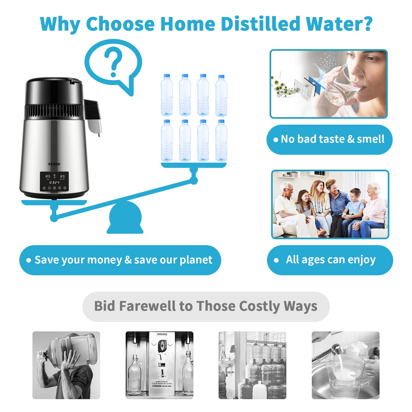 VEVOR Water Distiller, 1 L/H, 4L Distilled Water Maker w/ 0-99 H Timing, 750W Countertop Water Purifier,-$95