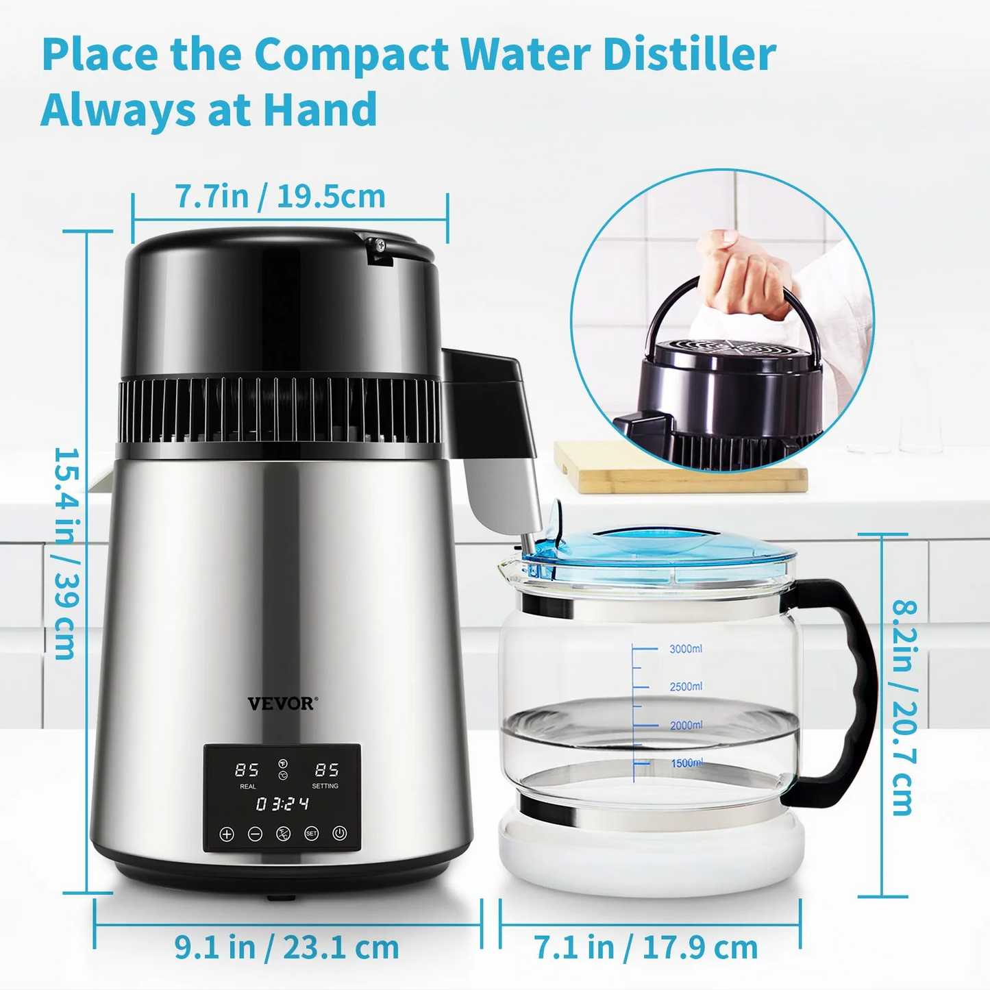 VEVOR Water Distiller, 1 L/H, 4L Distilled Water Maker w/ 0-99 H Timing, 750W Countertop Water Purifier,-$95