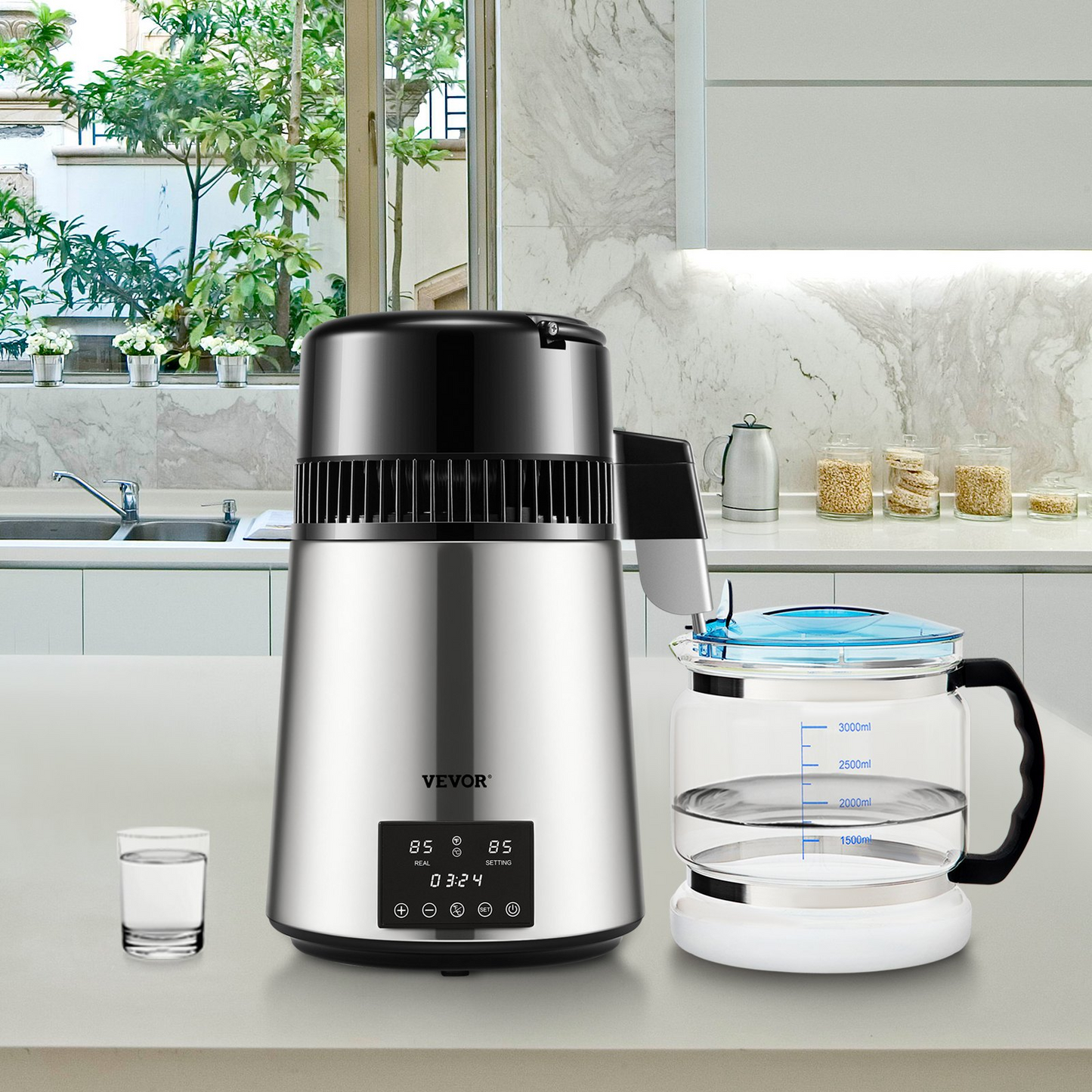 VEVOR Water Distiller, 1 L/H, 4L Distilled Water Maker w/ 0-99 H Timing, 750W Countertop Water Purifier,-$95