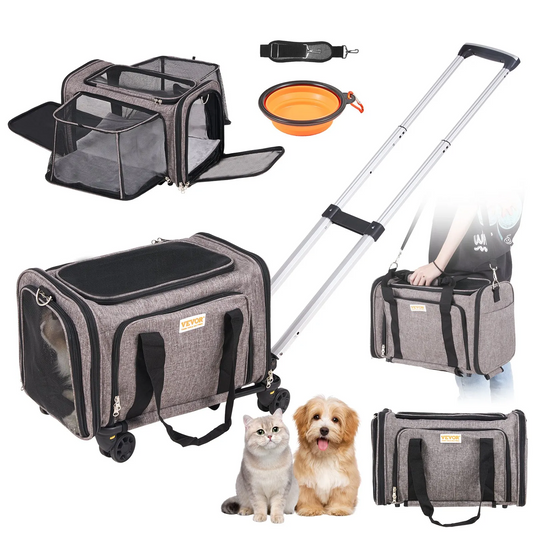VEVOR Cat Carrier with Wheels, Airline Approved Rolling Pet Carrier with Telescopic Handle