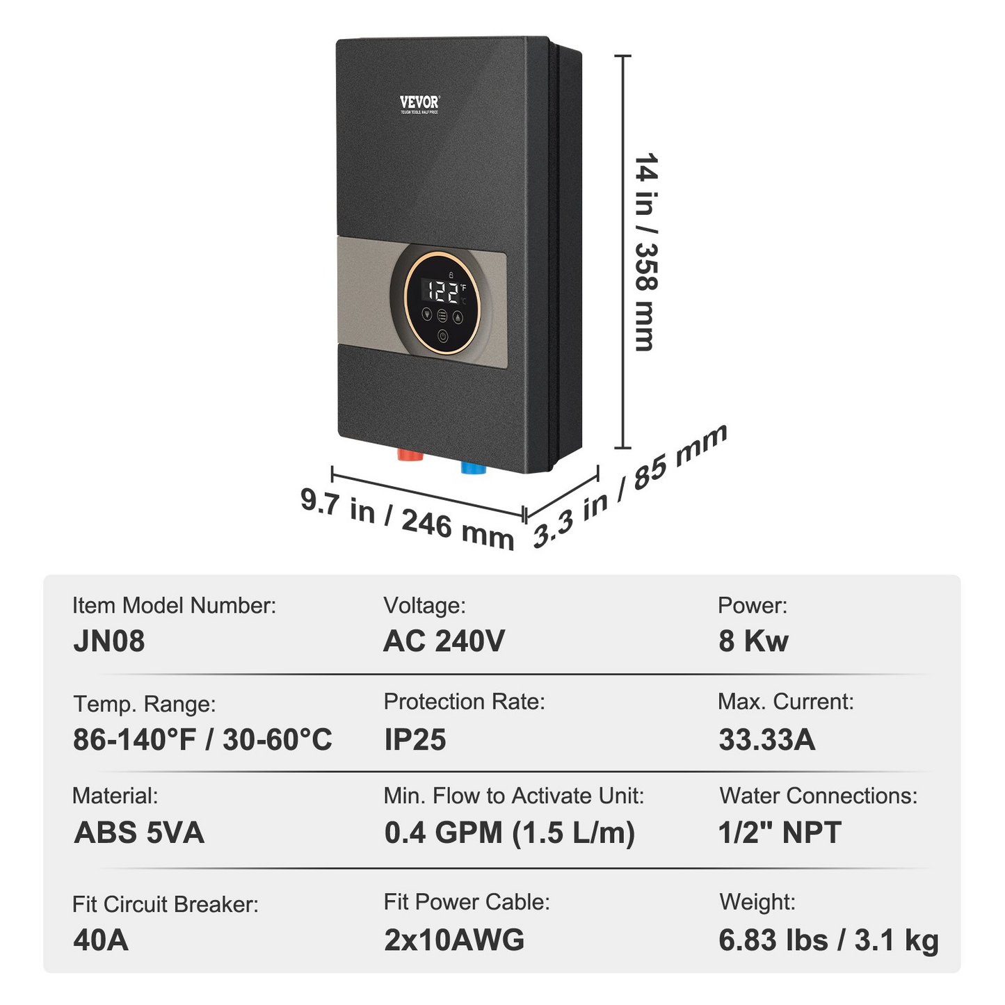 VEVOR Instant Water Heater, 8kw On Demand Electric Tankless Water Boiler, 24-Hour Water Supply,-$120