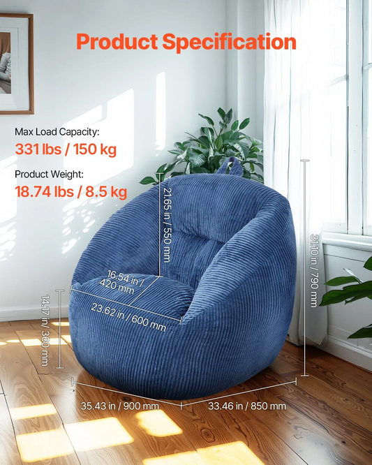 VEVOR 3 feet Bean Bag Chair with Soft Armrests and Storage Pocket Blue,-$70