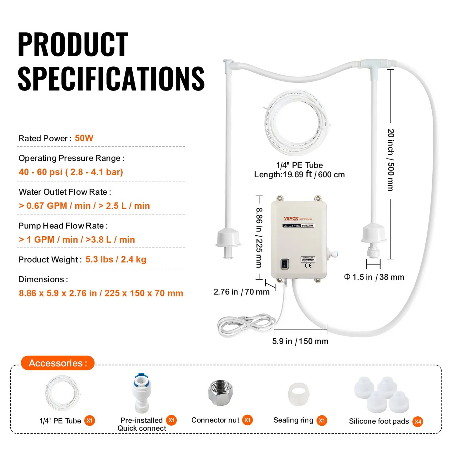 VEVOR Bottled Water Dispensing System 20 ft Water Dispensing Pump System with US Plug 115V AC,-$50